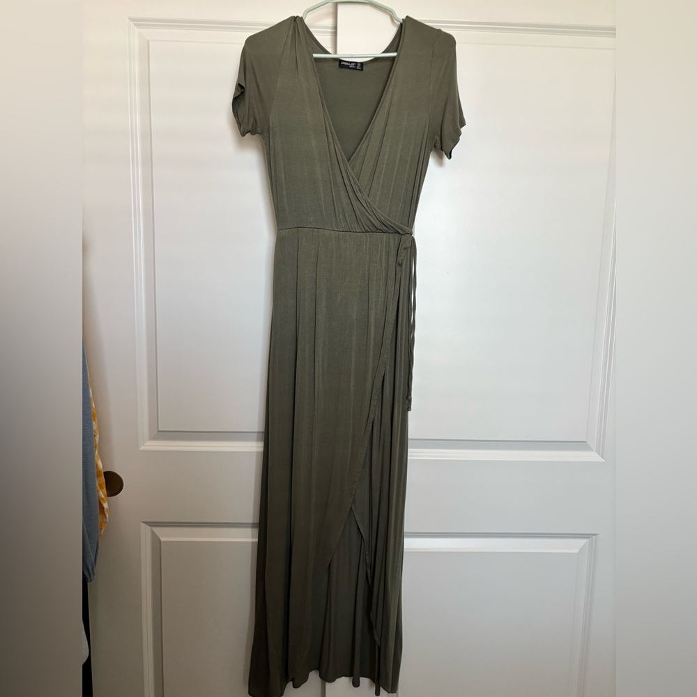 Popular Basics Green Wrap Tie Front Maxi Dress